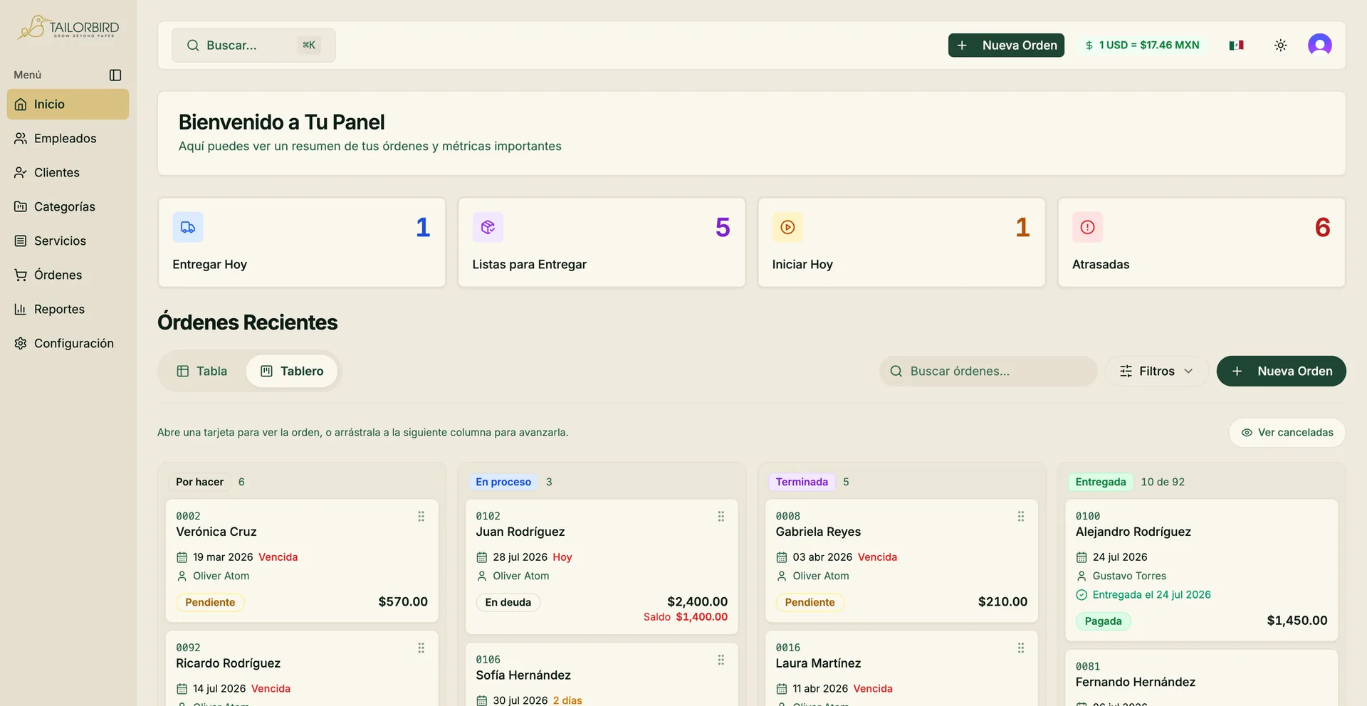 Panel de tailorbird mostrando la lista de órdenes de un taller con sus fechas de entrega y estados