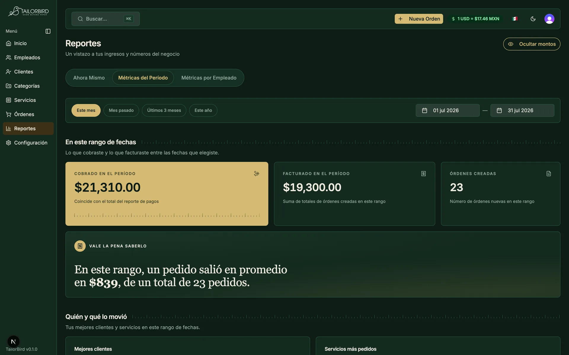 Reportes de tailorbird por periodo: mejores clientes, servicios más pedidos y todos los pagos recibidos