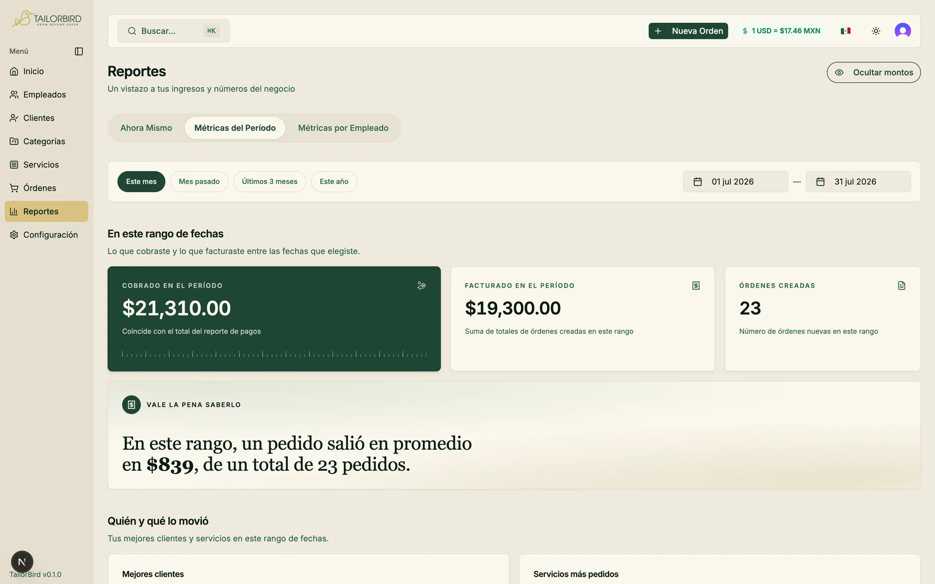 Reportes de tailorbird por periodo: mejores clientes, servicios más pedidos y todos los pagos recibidos