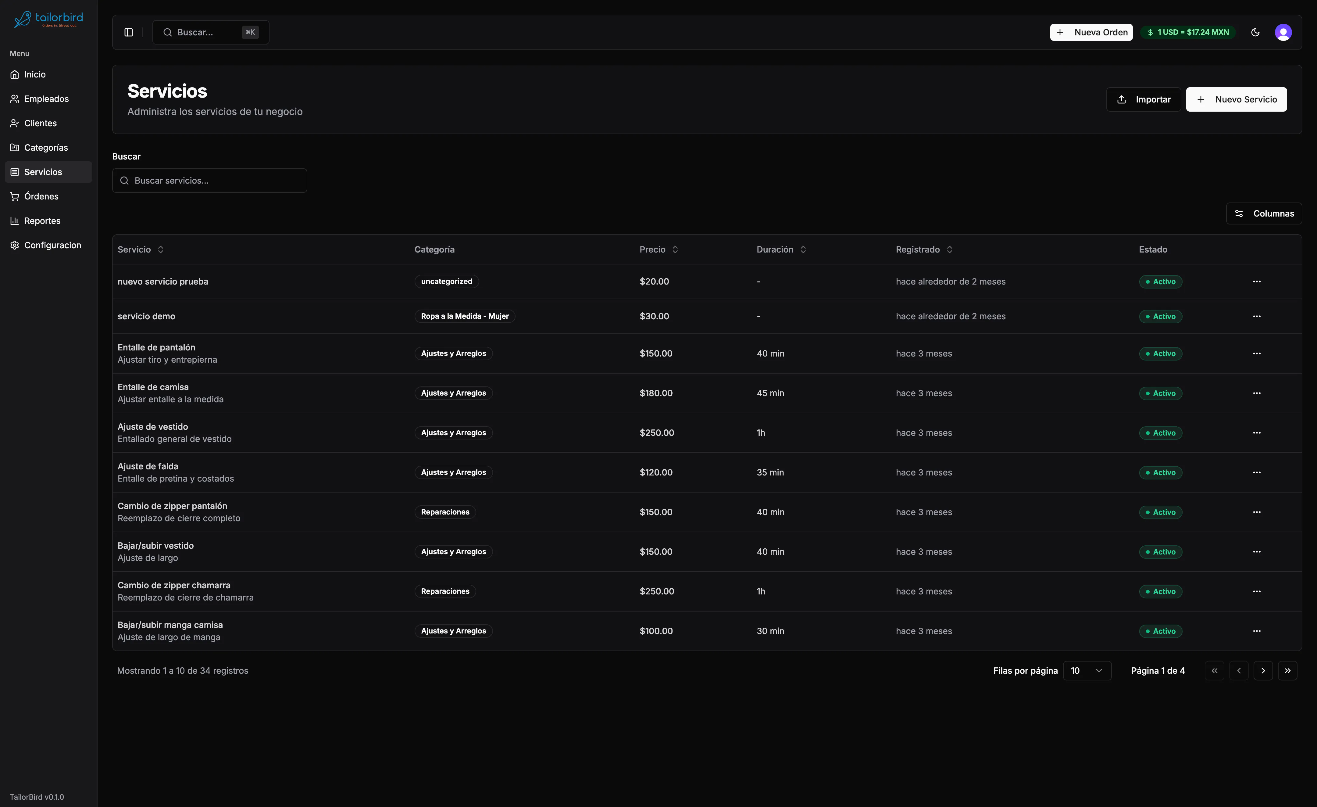 Configuración de servicios y categorías en tailorbird
