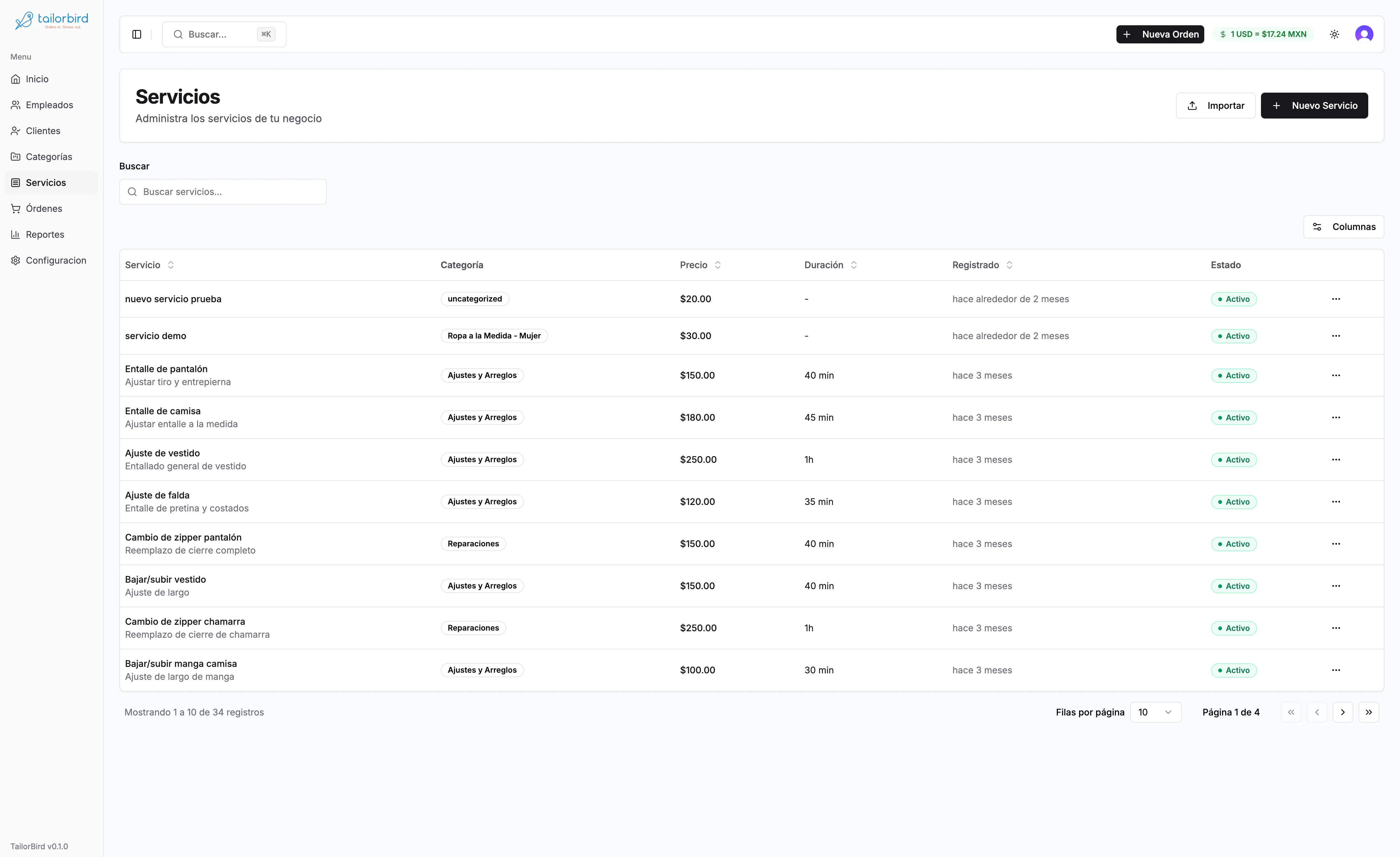 Configuración de servicios y categorías en tailorbird